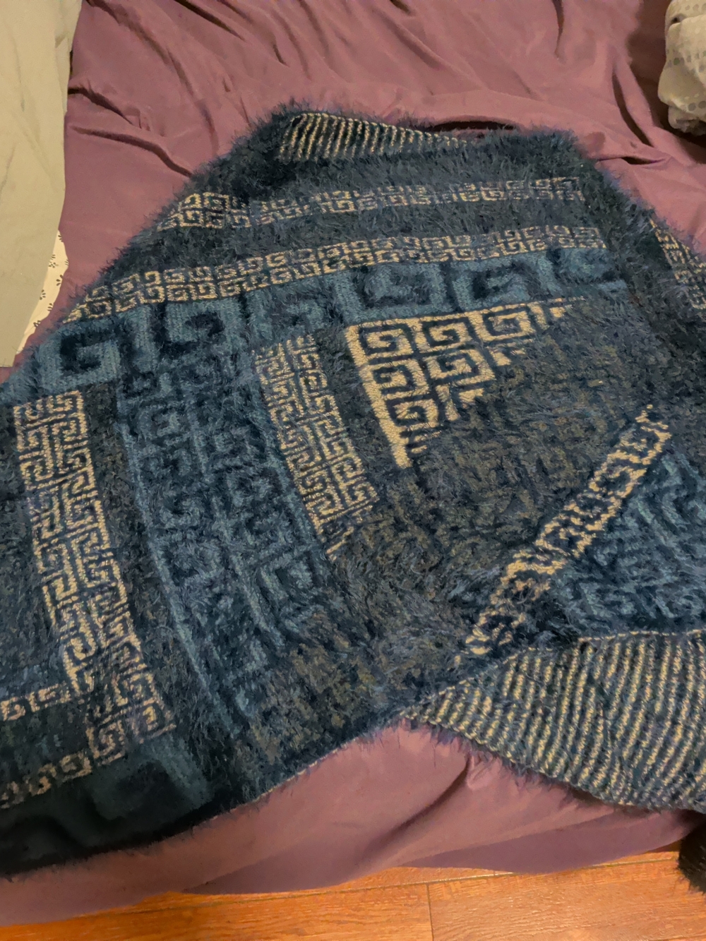 La Belle Blue and Cream Fuzzy Knit Poncho